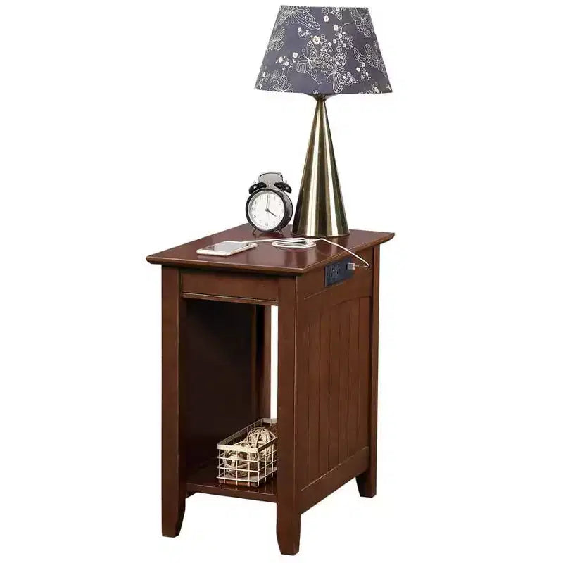 Table d'appoint rectangulaire en bois avec station de recharge intégrée, 2 prises et 2 ports USB, noire