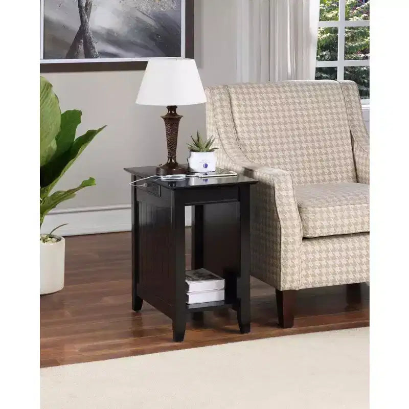 Rectangle Wood End Table with Built-In Charging Station, 2 Outlets & 2 USB Ports, Black