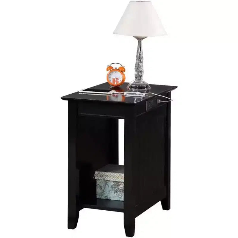 Table d'appoint rectangulaire en bois avec station de recharge intégrée, 2 prises et 2 ports USB, noire
