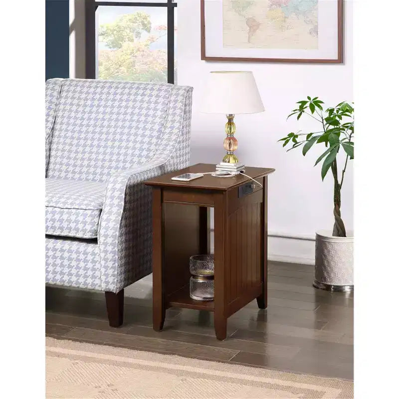 Rectangle Wood End Table with Built-In Charging Station, 2 Outlets & 2 USB Ports, Black