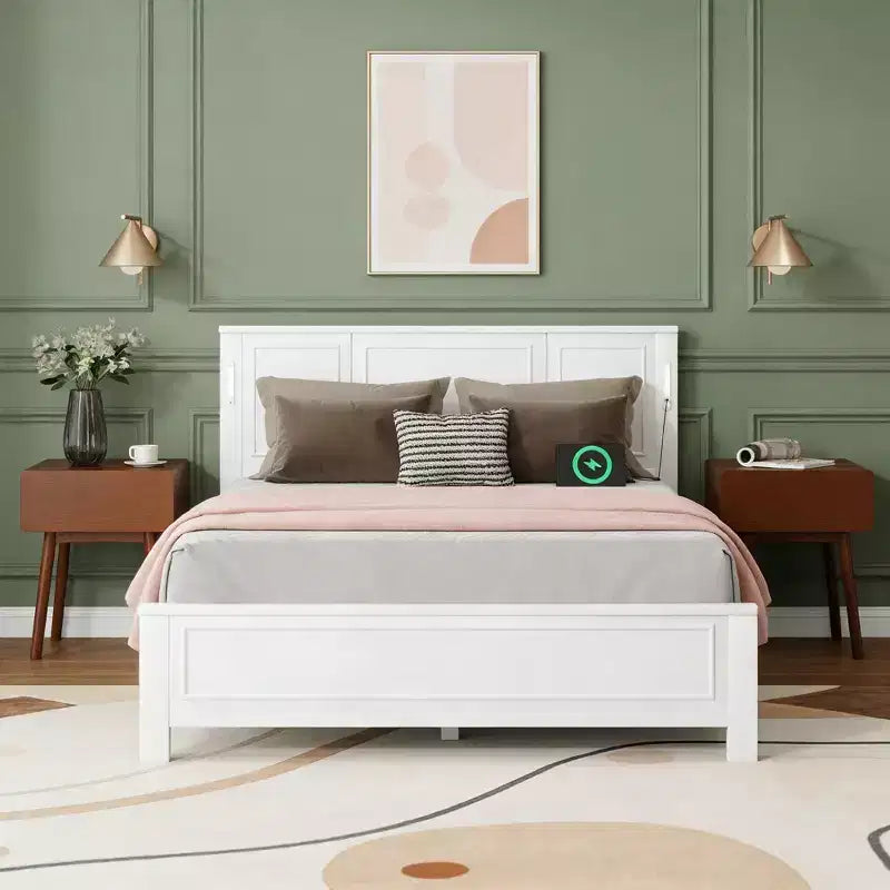 Modern Wood Frame Bed with Tall-Panel Headboard, Platform Bed, Multiple Sizes