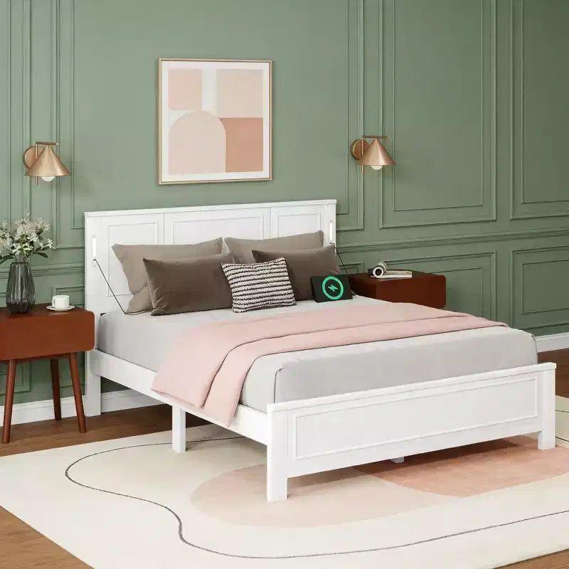 Modern Wood Frame Bed with Tall-Panel Headboard, Platform Bed, Multiple Sizes