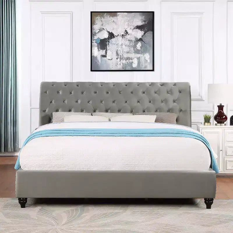 Contemporary Queen Size Velvet Upholstered Tufted Sleigh Bed, Solid Wood Frame