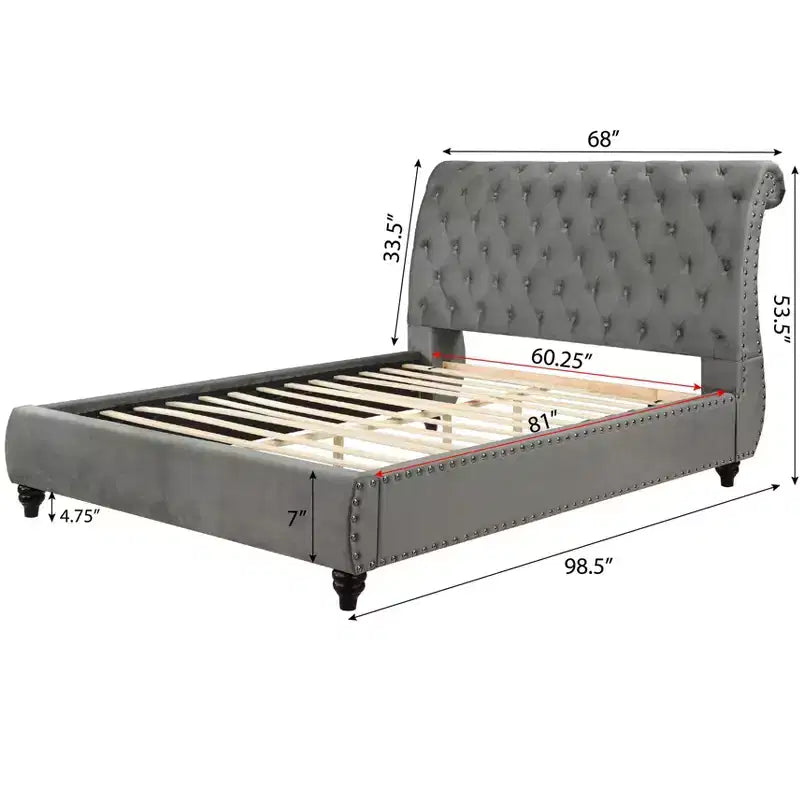 Contemporary Queen Size Velvet Upholstered Tufted Sleigh Bed, Solid Wood Frame