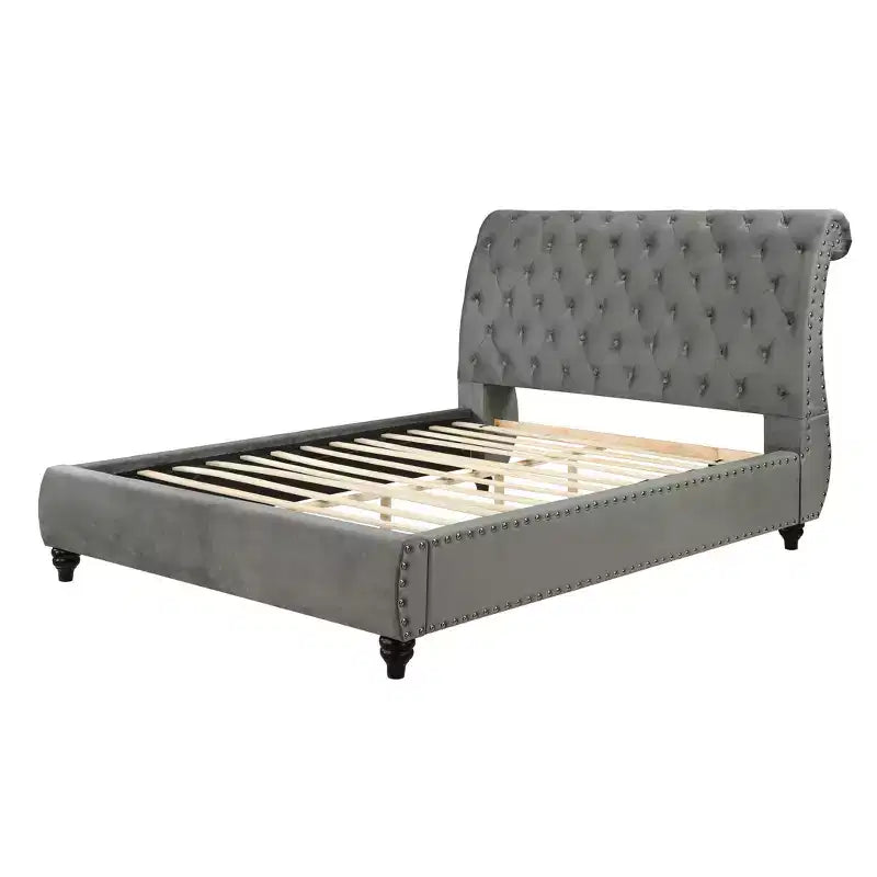 Contemporary Queen Size Velvet Upholstered Tufted Sleigh Bed, Solid Wood Frame