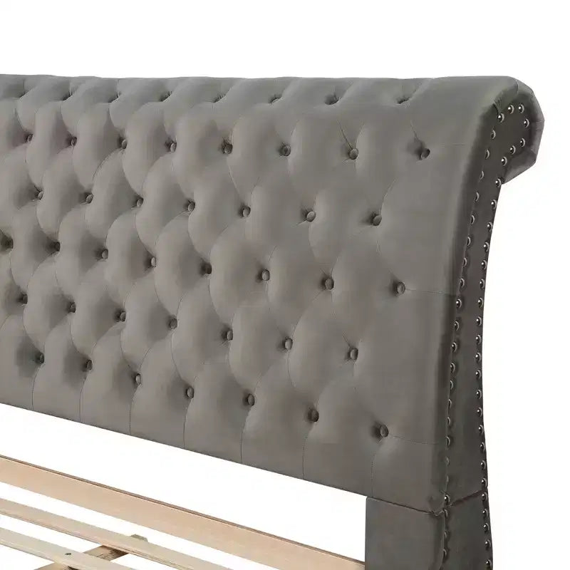Contemporary Queen Size Velvet Upholstered Tufted Sleigh Bed, Solid Wood Frame