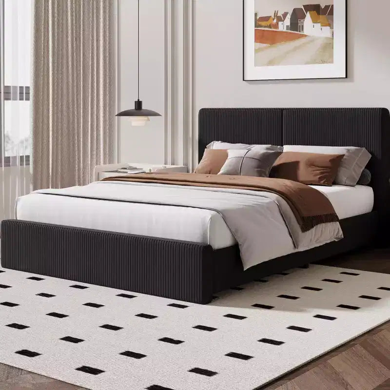 Upholstered Platform Bed Frame with Wood Slat Support for Bedroom