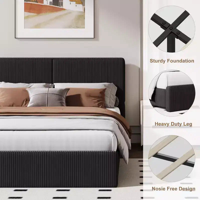 Upholstered Platform Bed Frame with Wood Slat Support for Bedroom