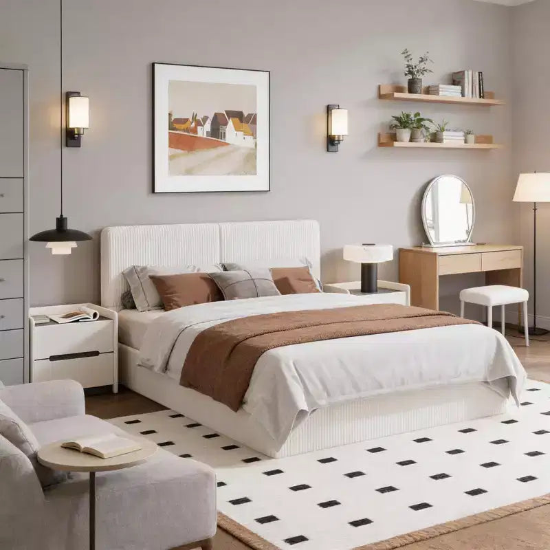 Upholstered Platform Bed Frame with Wood Slat Support for Bedroom