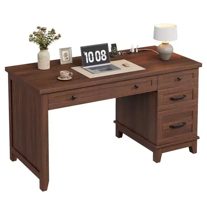 Bureau double rustique en bois avec 4 tiroirs classeurs, poste de travail double pour bureau à domicile