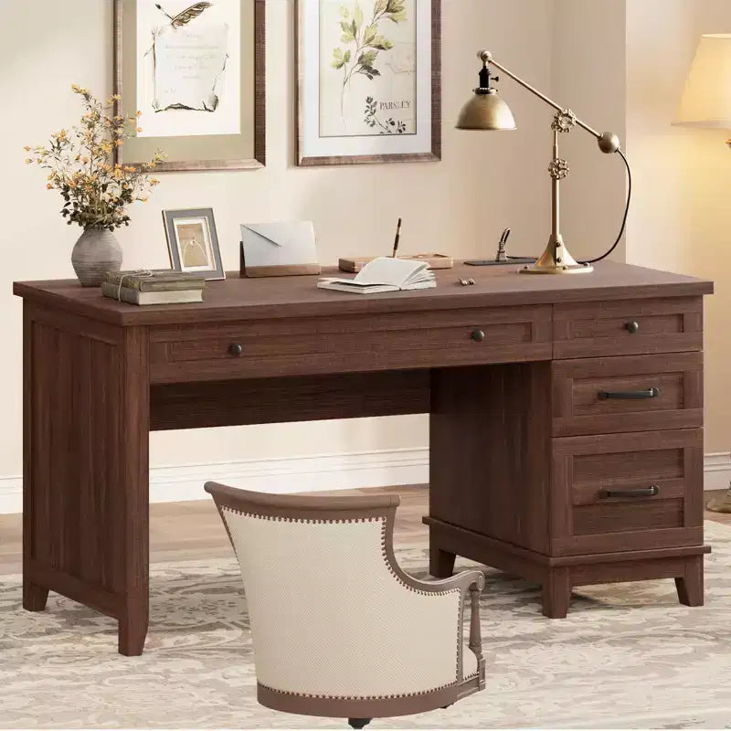 Bureau double rustique en bois avec 4 tiroirs classeurs, poste de travail double pour bureau à domicile