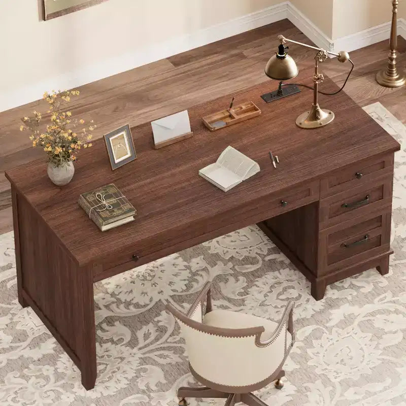 Bureau double rustique en bois avec 4 tiroirs classeurs, poste de travail double pour bureau à domicile