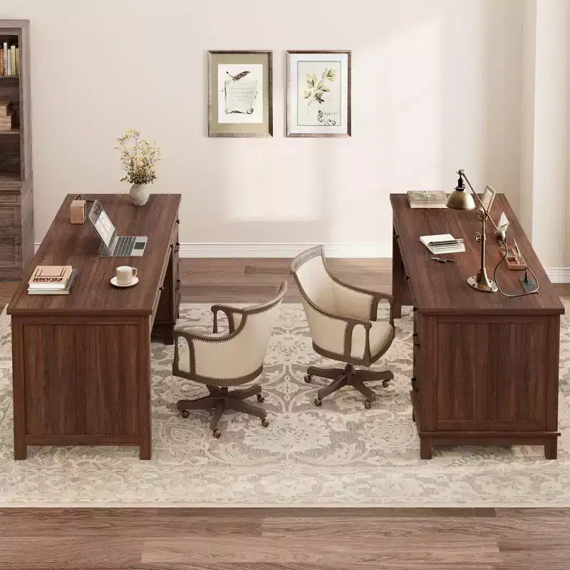 Bureau double rustique en bois avec 4 tiroirs classeurs, poste de travail double pour bureau à domicile