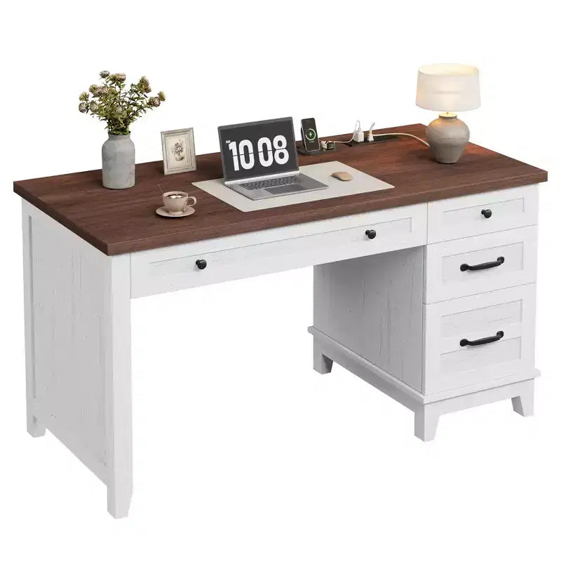 Bureau double rustique en bois avec 4 tiroirs classeurs, poste de travail double pour bureau à domicile
