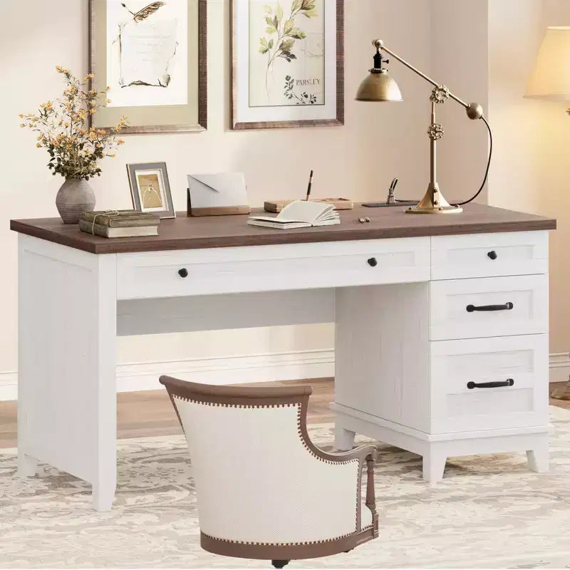 Bureau double rustique en bois avec 4 tiroirs classeurs, poste de travail double pour bureau à domicile