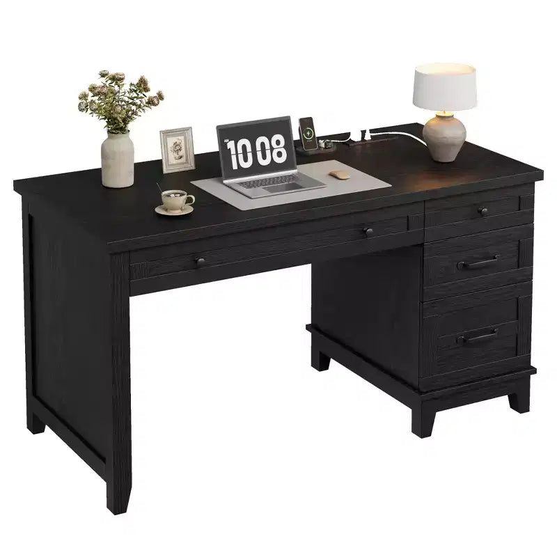 Rustic Wood Double Desk with 4 File Drawers, 2-Person Home Office Workstation