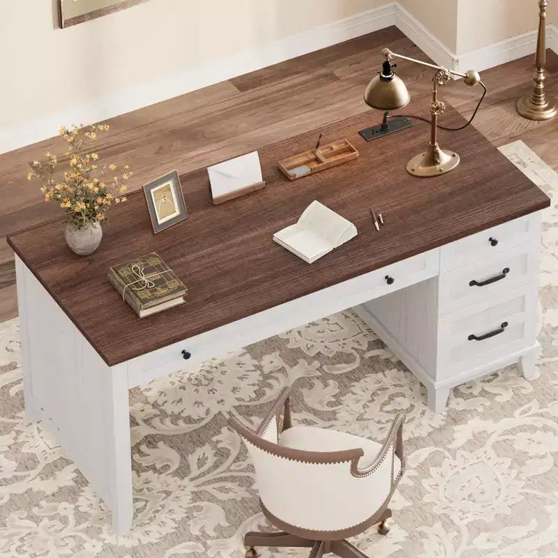 Bureau double rustique en bois avec 4 tiroirs classeurs, poste de travail double pour bureau à domicile