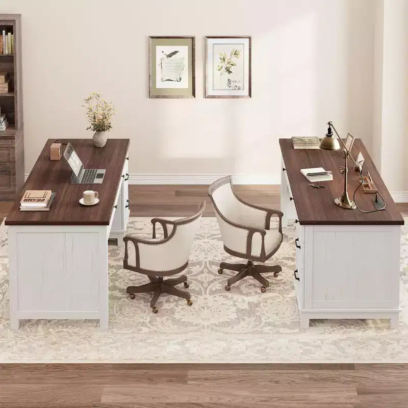 Bureau double rustique en bois avec 4 tiroirs classeurs, poste de travail double pour bureau à domicile