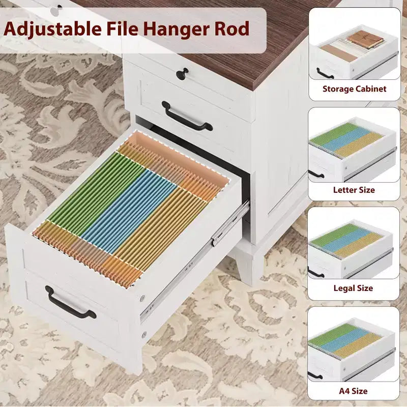 Bureau double rustique en bois avec 4 tiroirs classeurs, poste de travail double pour bureau à domicile
