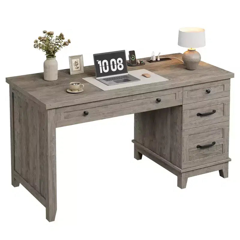 Bureau double rustique en bois avec 4 tiroirs classeurs, poste de travail double pour bureau à domicile