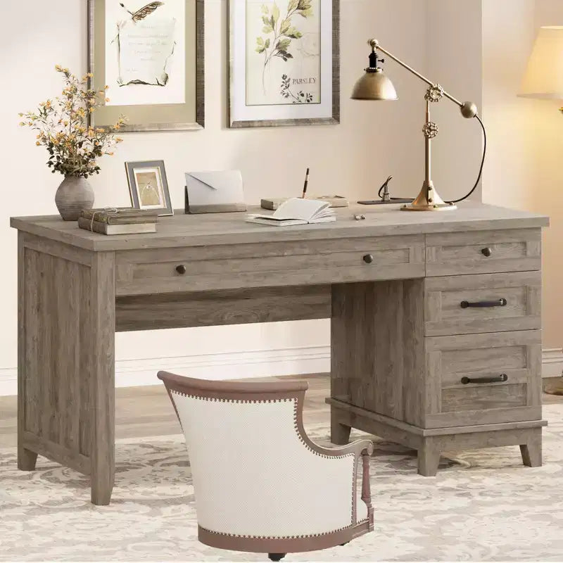 Bureau double rustique en bois avec 4 tiroirs classeurs, poste de travail double pour bureau à domicile