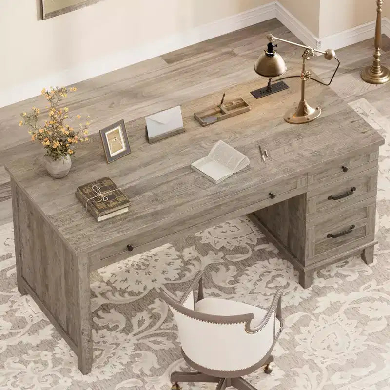 Bureau double rustique en bois avec 4 tiroirs classeurs, poste de travail double pour bureau à domicile