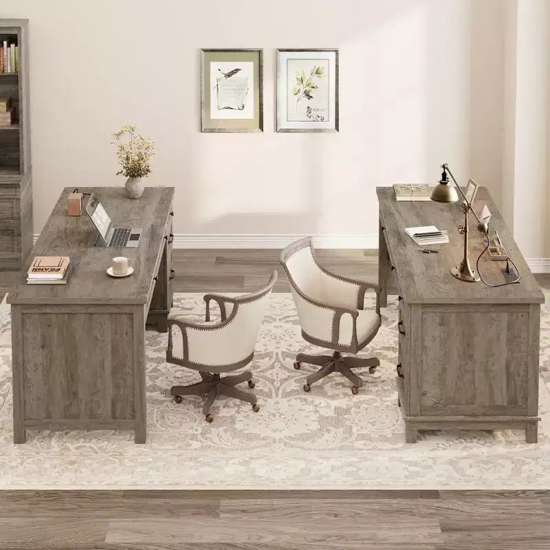 Bureau double rustique en bois avec 4 tiroirs classeurs, poste de travail double pour bureau à domicile