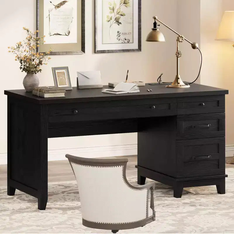 Rustic Wood Double Desk with 4 File Drawers, 2-Person Home Office Workstation