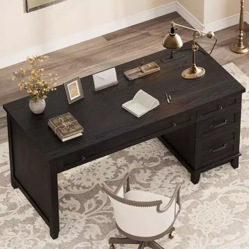 Rustic Wood Double Desk with 4 File Drawers, 2-Person Home Office Workstation