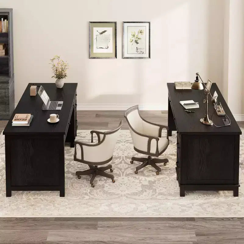 Rustic Wood Double Desk with 4 File Drawers, 2-Person Home Office Workstation