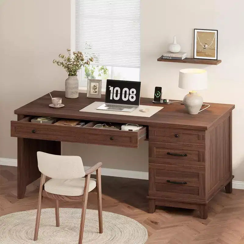 Rustic Wood Double Desk with 4 File Drawers, 2-Person Home Office Workstation