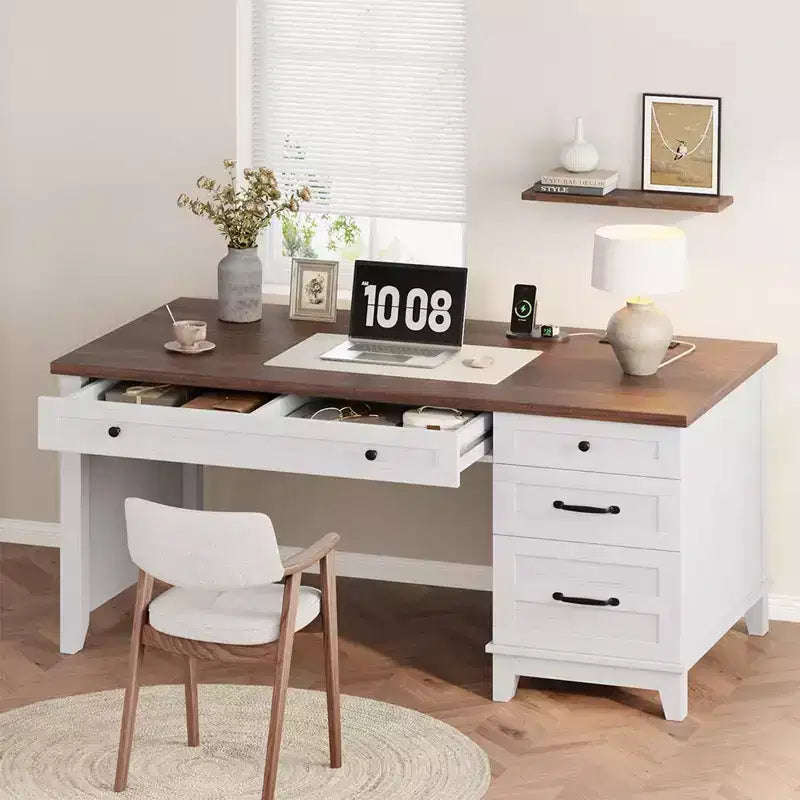 Rustic Wood Double Desk with 4 File Drawers, 2-Person Home Office Workstation