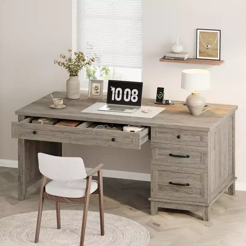 Rustic Wood Double Desk with 4 File Drawers, 2-Person Home Office Workstation