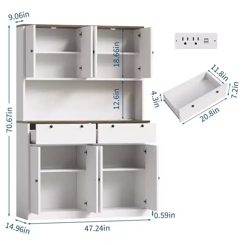 71 Tall Kitchen Pantry Storage Cabinet with Charging Station, 47 Wide Kitchen Hutch with Microwave Stand, Food Pantry Cabinet for Dining Room