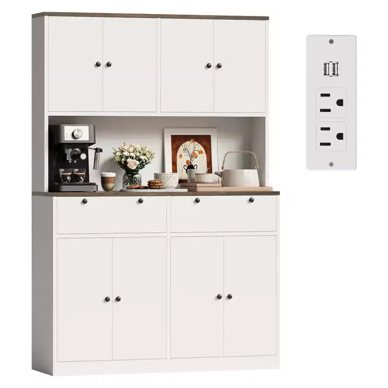 71 Tall Kitchen Pantry Storage Cabinet with Charging Station, 47 Wide Kitchen Hutch with Microwave Stand, Food Pantry Cabinet for Dining Room