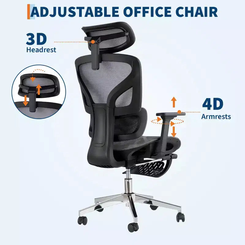 3rd Gen Ergonomic Mesh Office Chair - 4D Adjustable Armrests, Lumbar Support & Footrest, High Back Desk Chair for Home Office(1-Pack)