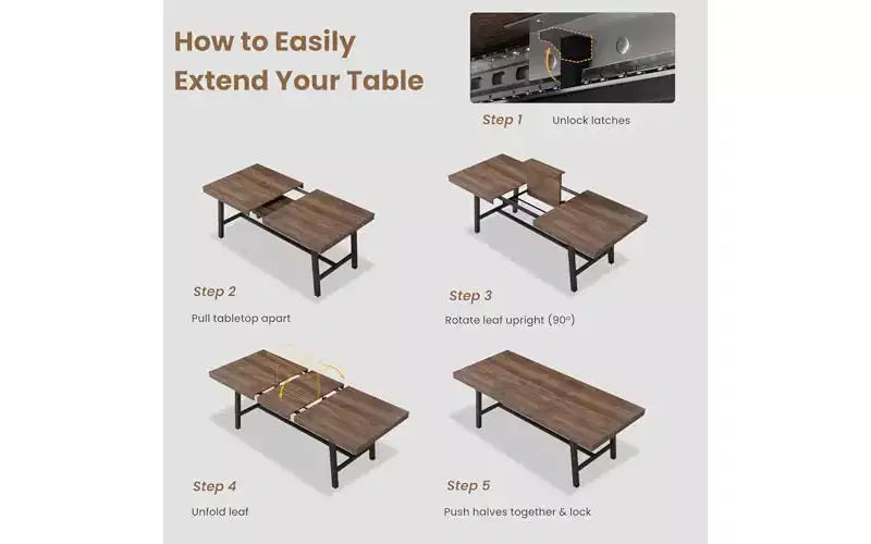 63-83" Extendable Dining Table, Industrial Rectangular, Seats 6-8, Heavy Duty Metal Frame
