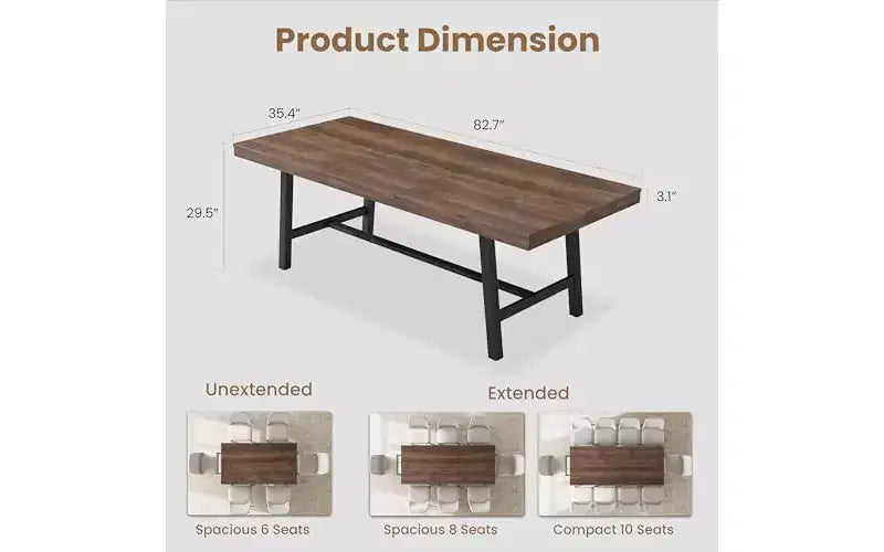 63-83" Extendable Dining Table, Industrial Rectangular, Seats 6-8, Heavy Duty Metal Frame