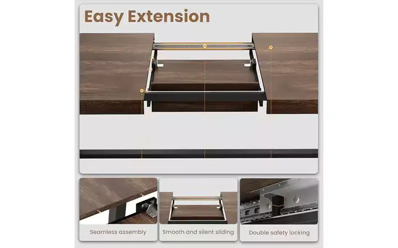 63-83" Extendable Dining Table, Industrial Rectangular, Seats 6-8, Heavy Duty Metal Frame