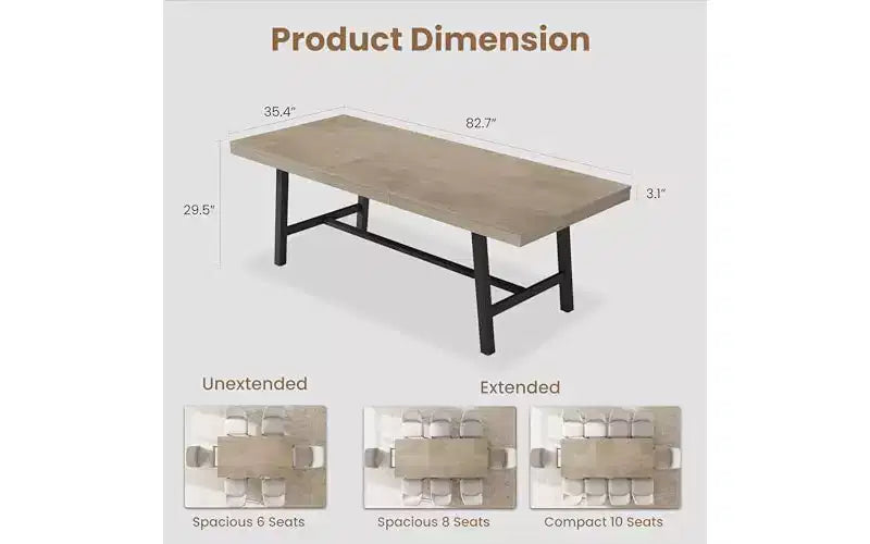 63-83" Extendable Dining Table, Industrial Rectangular, Seats 6-8, Heavy Duty Metal Frame