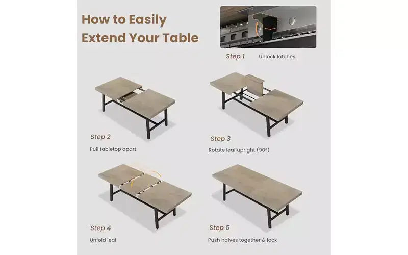 63-83" Extendable Dining Table, Industrial Rectangular, Seats 6-8, Heavy Duty Metal Frame