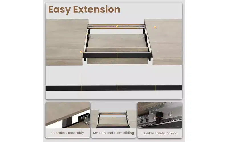 63-83" Extendable Dining Table, Industrial Rectangular, Seats 6-8, Heavy Duty Metal Frame