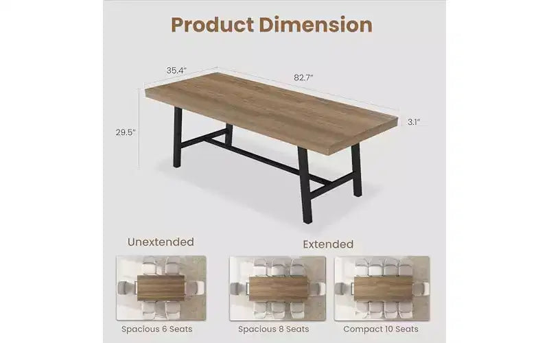 63-83" Extendable Dining Table, Industrial Rectangular, Seats 6-8, Heavy Duty Metal Frame