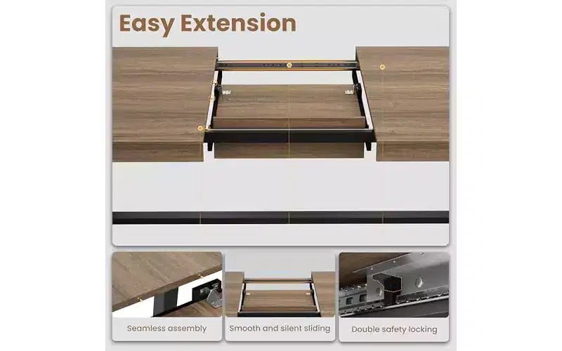 63-83" Extendable Dining Table, Industrial Rectangular, Seats 6-8, Heavy Duty Metal Frame