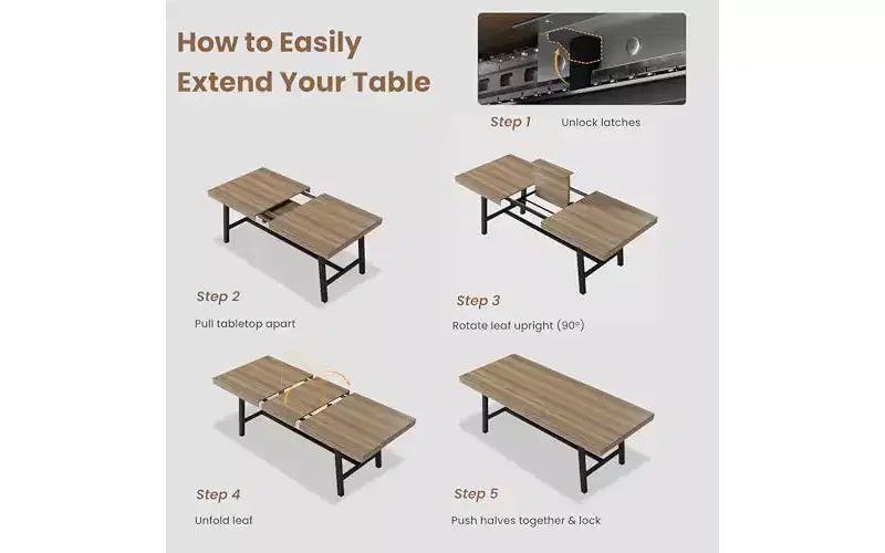 63-83" Extendable Dining Table, Industrial Rectangular, Seats 6-8, Heavy Duty Metal Frame