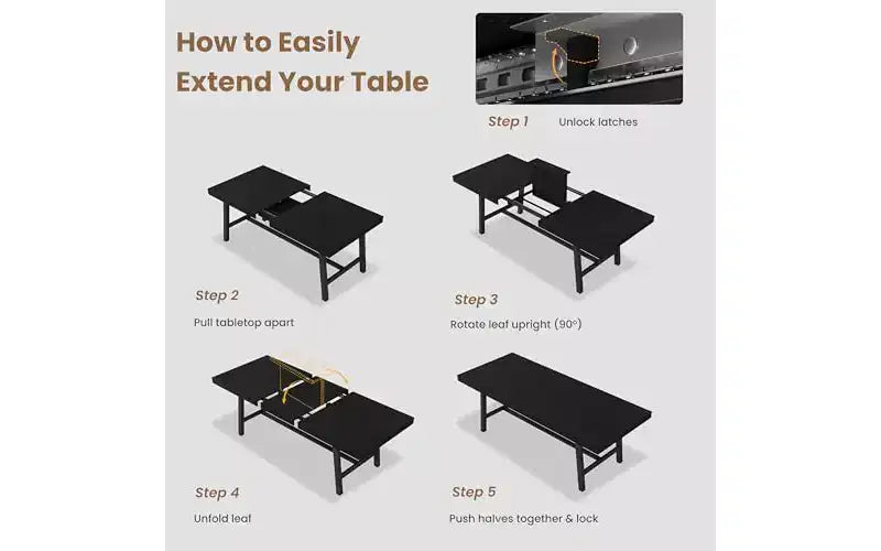 63-83" Extendable Dining Table, Industrial Rectangular, Seats 6-8, Heavy Duty Metal Frame