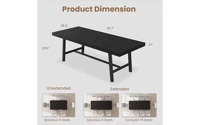 63-83" Extendable Dining Table, Industrial Rectangular, Seats 6-8, Heavy Duty Metal Frame