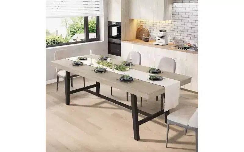 63-83" Extendable Dining Table, Industrial Rectangular, Seats 6-8, Heavy Duty Metal Frame