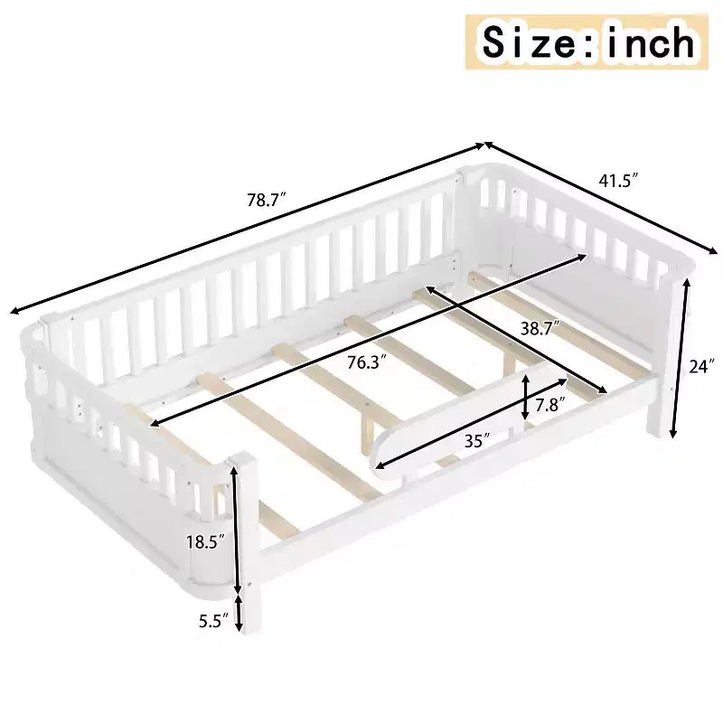Lit plateforme moderne en bois avec barrières de sécurité amovibles pour enfants, modes ouvert/fermé flexibles