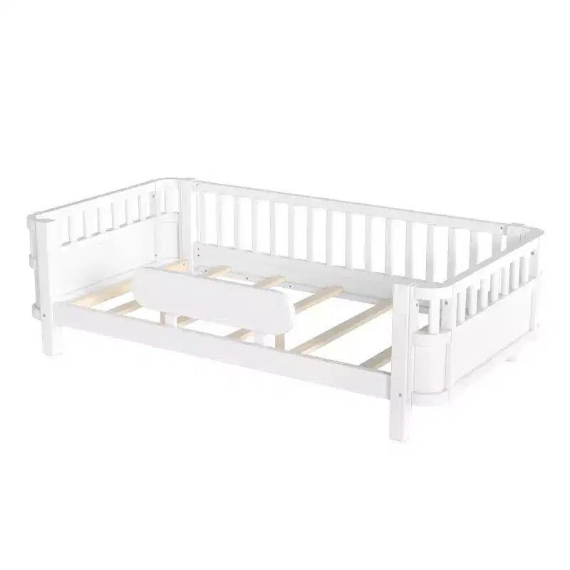 Lit plateforme moderne en bois avec barrières de sécurité amovibles pour enfants, modes ouvert/fermé flexibles
